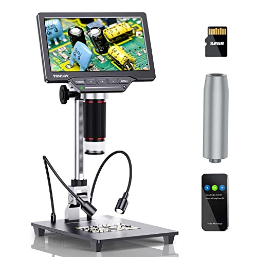 TOMLOV DM201 HDMI Microscopio digitale, 16MP 7  LCD Microscopio a monete per adulti, luci LED con controllo touch, video microscopio, compatibile con TV Windows Mac (scheda 32GB)