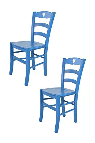 Tommychairs - Set 2 Sedie modello Cuore per cucina bar e sala da pranzo, robusta struttura in legno di faggio verniciata in anilina blu e seduta in legno