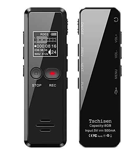 Tschisen Registratore Vocale Digitale, Registratore Audio Portatile Professionale 8GB 1536 Kbps Registratore Vocale HD con MP3 Ricarica USB per Riunioni Interviste Discorso