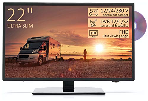 TV Led Full HD 22  per Camper ULTRA SLIM design - DVD Usb Ci+ Hdmi - 12 24 220 V - DVB-T2 S2 C - Compatibile CAM Tivusat - Attacco Vesa
