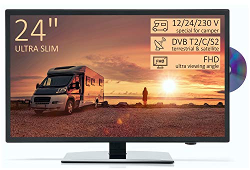 TV Led Full HD 24  per Camper ULTRA SLIM design - DVD Usb Ci+ Hdmi - 12 24 220 V - DVB-T2 S2 C - Compatibile CAM Tivusat - Attacco Vesa