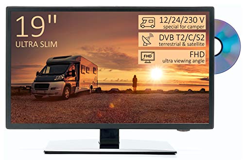 TV Led HD 19  per Camper ULTRA SLIM design - DVD Usb Ci+ Hdmi - 12 24 220 V - DVB-T2 S2 C - Compatibile CAM Tivusat - Attacco Vesa