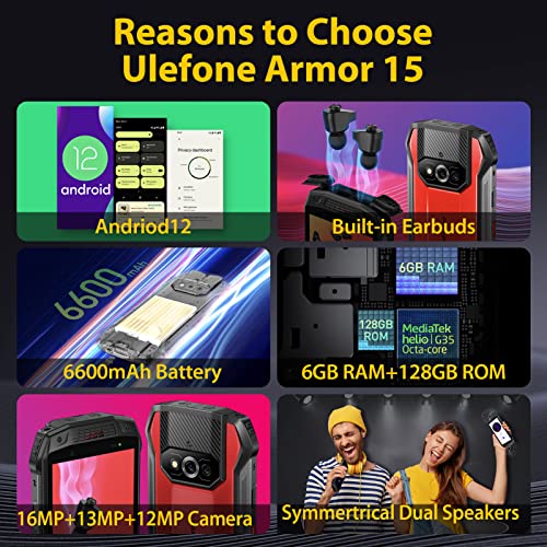 Ulefone Rugged Smartphone 4G, Armor 15 Android 12 6GB+128GB 6600mAh...