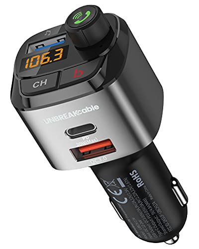 UNBREAKcable Trasmettitore Bluetooth per Auto, FM Transmitter per Auto Radio, MP3 Audio Lettore, Adattatori Vivavoce Car Kit, 5.0 V Bluetooth Auto con 2 Porte USB (PD 3.0 & QC 3.0) Supporta U Disk