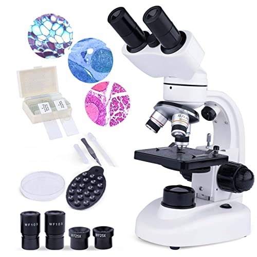 USCAMEL Microscopio composto binoculare LED con ingrandimento 40X-1000X con oculari 10X 25X ad ampio campo, vetrini per microscopio, adattatori per telefono, carta per la pulizia