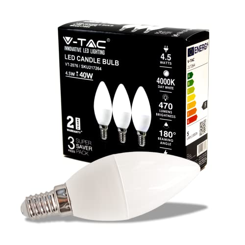 V-TAC Lampadina LED a Candela con Attacco Edison E14, 4,5W (Equivalenti a 45W), Candela, 470 Lumen, Luce Bianca Naturale - (Box 3 Pezzi)