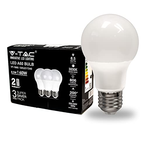 V-TAC Lampadina LED con Attacco E27 8,5W (Equivalenti a 60W) A60 806 Lumen - 3000K Luce Bianca Calda (Box 3 pezzi)