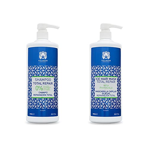 Valquer Professional Pack Shampoo + Maschera Total Repair effetto ghiaccio (1L, 2 unità). Senza sale, senza siliconi e senza solfati. Capelli danneggiati e secchi.