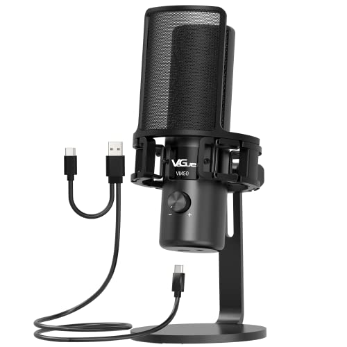 VeGue Microfono a condensatore USB, Cardioide in metallo microfono da studio con controllo di guadagno e uscita cuffie per il gioco, registrazione, Podcasting, compatibile con MAC o Windows, VM50