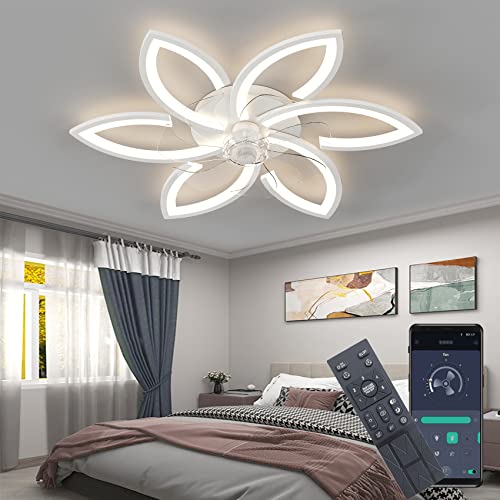 Ventilatore da soffitto silenzioso con luce con telecomando e APP dimmerabile luce colore luminosità 70W plafoniera creativa a forma di fiore in acrilico con ventola (Bianco)
