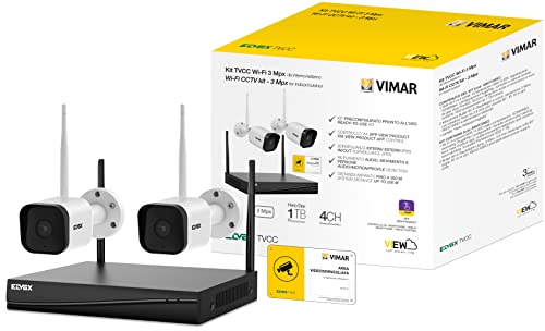 VIMAR 46KIT.036C Kit TVCC WiFi con: 2 telecamere 46242.036C a colori 3 Mpx, 1 NVR WiFi 4Ch@3Mpx, controllo da app VIEW Product, rilevazione audio, movimento e invio notifiche, HDD 1TB incluso, Bianco
