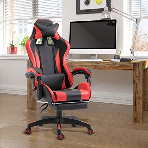 Vinsetto Sedia da Gaming Ergonomica Reclinabile con Poggiapiedi Estendibile Girevole Ecopelle 66×60×127-134cm Rosso