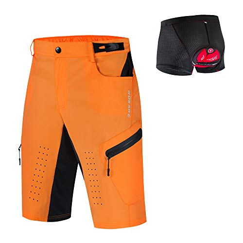 WOSAWE Pantaloncini da ciclismo da uomo Traspiranti Vestibilità Morbida, Pantaloncini MTB 3D Gel Pad Intimo per Formazione Runnig Trekking Arancione con slip imbottito XL