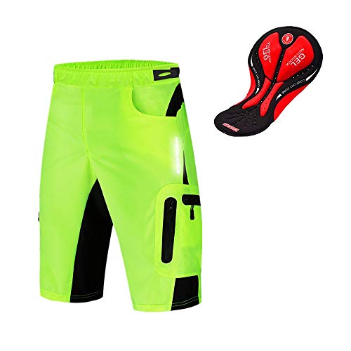 WOSAWE Pantaloncini MTB Uomo, Leggeri Bicicletta Loose-Fit Shorts Traspirante 3D Gel Imbottito Biancheria Intima da Ciclismo (Verde XL)