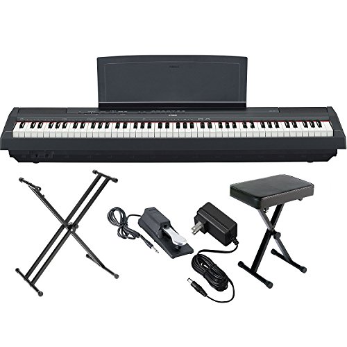 Yamaha P125B - Pianoforte digitale ad azione ponderata a 88 tasti, con pedale sostenibile, alimentatore, supporto per tastiera X-Style e panca imbottita X-Style