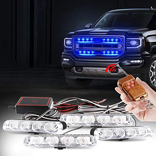 Yifengshun 4 in 1 LED Polizia Luce per Auto, Telecomando Wireless Luci Stroboscopiche Griglia DRL Luce Blu Lampeggiante per Auto Camion Veicolo Moto DC12V