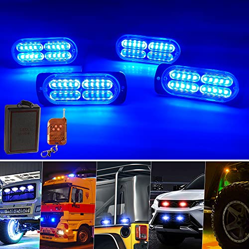 Yifengshun 4x20 LED Lampeggiante Blu Polizia Lampada Lampeggiante Di Emergenza Con 18 Modalità Stroboscopiche Polizia Auto LED Luce Con Telecomando Wireless Per Auto Camion Furgoni Trattori 12-24V