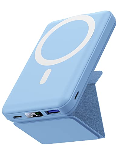 Yiisonger Magnetico Power Bank 10000mAh, Portatile Wireless Magnete Batteria con Bracket, Compatibile con MagSafe, Ricarica Rapida PD 22.5W Risplay LED per iPhone 14 13 12 Mini Pro Pro Max(Blue)