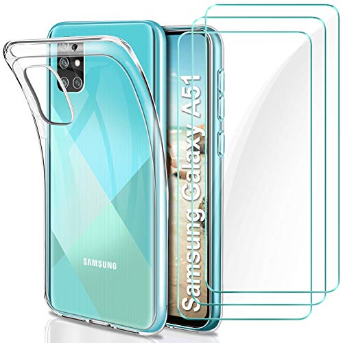 YNMEacc Custodia per Samsung Galaxy A51 Cover + 3 Pezzi Pellicola Protettiva in Vetro Temperato, Morbido Sottile in Silicone Trasparente Gel Cover per Samsung Galaxy A51