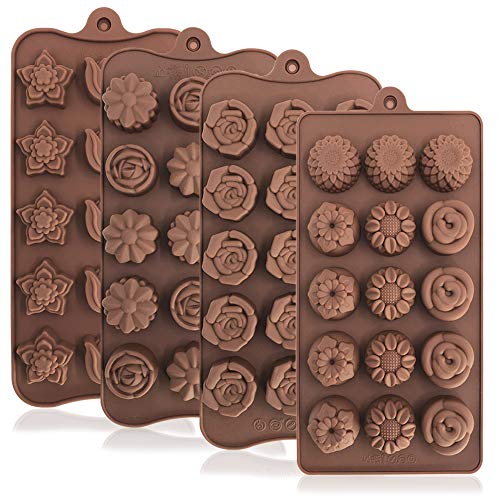 Yucool - Set di 4 stampi in silicone per cioccolatini e caramelle, con 15 cavità a forma di fiore, adatti per matrimoni, celebrazioni, feste e amanti del fai da te