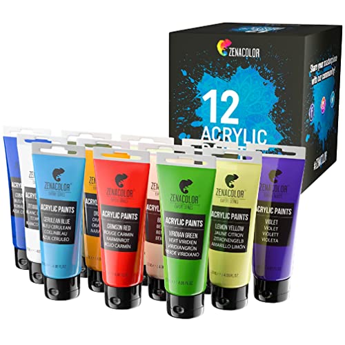 Zenacolor Kit di 12 Colori Acrilici, 12 Tubetti da 120 ml, 12 Colori Tempere per Dipingere, per Legno, Bricolage, per Adulti