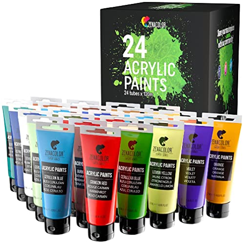 Zenacolor Kit di 24 Colori Acrilici, 24 Tubetti da 120 ml, 24 Colori Tempere per Dipingere, per Legno, Bricolage, per Adulti.