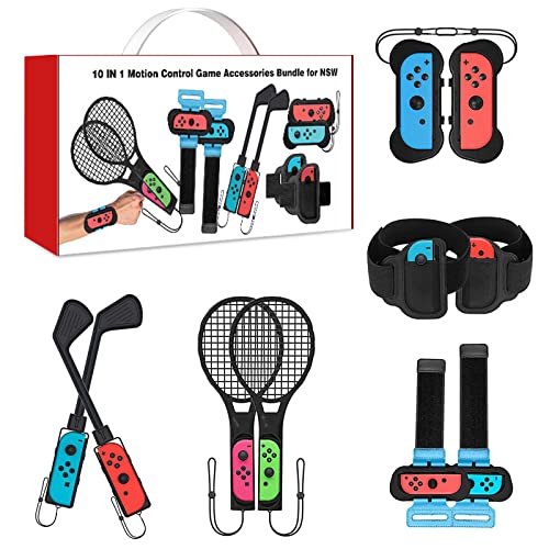 10 in 1 Kit di Accessori per Nintendo Switch Sport, Switch Sport Set di Accessori: Mazze da Golf, Racchette da Badminton e Tennis, Braccialetti Regolabili, Joy-con, GripCinturino per Gambe da Calcio