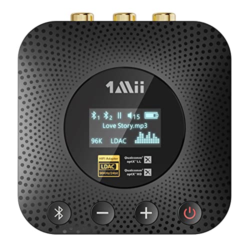 1Mii B06HD+ Ricevitore Bluetooth HiFi, Adattatore Audio Bluetooth 5.1 con DAC Audiophile, LDAC, aptX HD Bassa Latenza, Controllo Volume, Display OLED per Stereo Amplificatore, Uscita RCA OPT COAX