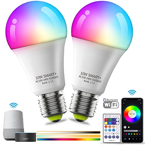 2 pezzi Lampadine WLAN, 10W Lampadina LED Smart Alexa E27 Cambiamento di Colore RGB, Dimmerabile con Telecomando e Controllo APP, Lampada Bulb Bulbo vite Compatibile con Google Home Alexa, 800LM