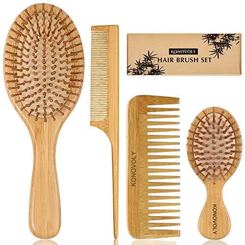 4PCS spazzole capelli in bambù con spazzola districante pettine per capelli per massaggiare il cuoio capellut,spazzola legno per donne uomini bambini,set regalo per sottili  ricci secchi capelli