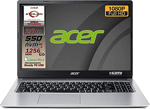 Acer Aspire SSD Silver New Athlon 3050u, RAM 20GB Ddr4, SSD M.2 PCi da 256Gb + 1Tb, Display Full HD da 15,6, WebCam, USB, hdmi, BT, LAN, Win10 PRO, Libre Office, Pronto all Uso Layout e Gar. Italia
