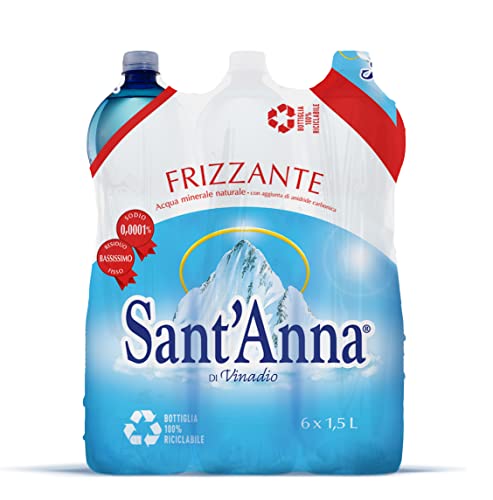 Acqua Sant Anna, Bottiglie di Acqua Frizzante da 1,5 Litri, Acqua Frizzante Oligominerale in Bottiglie di Plastica 100% Riciclabile, Confezione da 6 Bottiglie da 1,5 L
