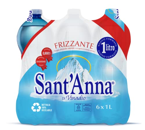 Acqua Sant Anna, Bottiglie di Acqua Frizzante da 1,0 Litro, Acqua Frizzante Oligominerale in Bottiglie di Plastica 100% Riciclabile, Confezione da 6 Bottiglie da 1,0 L
