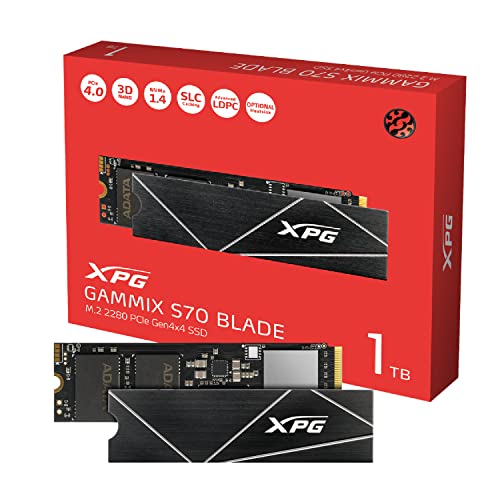 ADATA XPG GAMMIX S70 BLADE Unità allo stato solido SSD 1TB, PCIe Gen4x4 M.2 2280, Fino a 7,400 MB s, NVMe 1.3, 3D NAND, LDPC, AES 256-bit Encryption, Funziona con PS5, Design for Creator Gaming