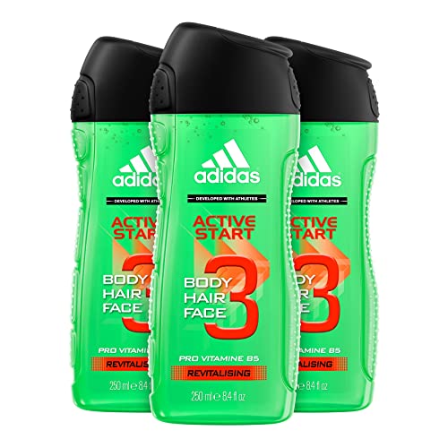 Adidas Active Start Gel Doccia Uomo, Bagnoschiuma 3 in 1 per Corpo, Capelli e Viso, Rivitalizzante, Con Pro Vitamina B5, 3 Flaconi da 250 ml
