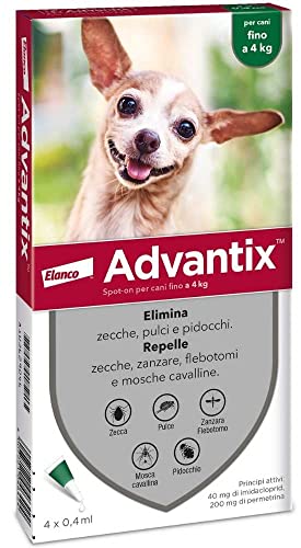Advantix Spot-on antiparassitario per Cani fino a 4 Kg, 4 pipette da 0.4 ml. Elimina zecche, pulci, pidocchi e larve di pulce in casa. Protegge da zanzare, pappataci e rischio di leishmaniosi.