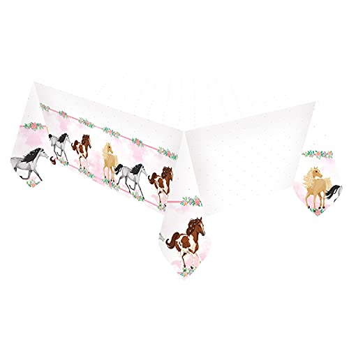 Amscan 9909877 - Tovaglia in plastica con cavallo, dimensioni 120 x 180 cm, colore bianco con bordo pony, decorazione da tavolo, compleanno per bambini, festa a tema