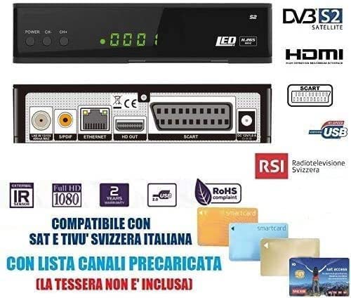ANFEL S2 Decoder Satellitare Full HD Compatibile Con Tivu satellitare Rai Satellite e Tv Svizzera Italiana S2 DVB-S2 HEVC H265 MAIN 10,Telecomando Universale 2 in 1 per il ricevitore e la TV