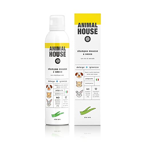 ANIMAL HOUSE Shampoo Secco Mousse 300ml per cani naturale MADE IN ITALY Ipoallergenico, per tutti i peli, senza chimici agli Oli Essenziali di Mandorla o Avocado (Aloe Vera)