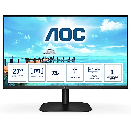 AOC 27B2H Monitor LED da 27  IPS, Full HD, 4 ms, Refresh 75Hz, VGA, HDMI, Senza Bordi, Low Blue Light, Nero