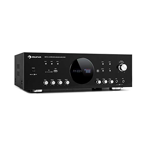Auna AMP-218 BT 5.1 - Amplificatore Stereo HiFi per Karaoke, Radio o Home Cinema, Connessioni USB e SD, Bluetooth, Frequenza: 20 Hz-20.000 Hz, 43 x 14,5 x 30,5 cm (LxAxP), Nero