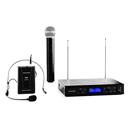 AUNA Pro VHF-400 Duo 3 - Set Radiomicrofono VHF a 2 Canali con Microfono a Mano e Auricolare, 50m Raggio d Azione, Riduzione del Rumore Interno, Nero