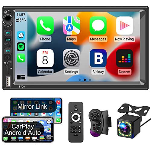 Autoradio 2 Din Compatibile con Apple CarPlay, Android Auto e Assistente Vocale,Schermo HD da 7 Pollici con Bluetooth 5.1 Backup Camera(Free) USB Charge Port SWC AV In Mirror Link AMFM RDS Car Radio