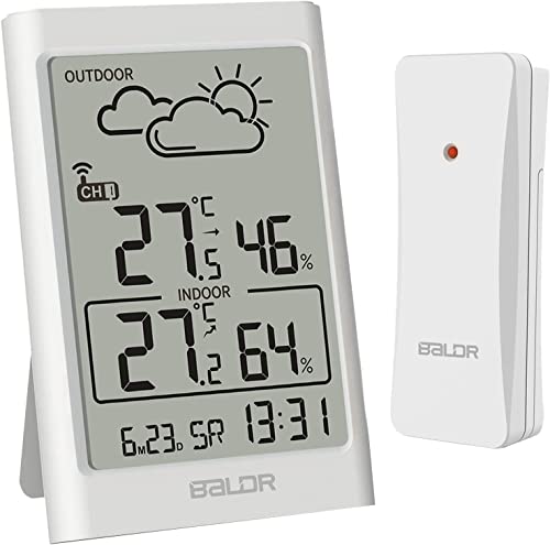 BALDR Stazione meteorologica radio con sensore esterno, DCF termometro digitale con previsioni meteo, sveglia con stazione meteo