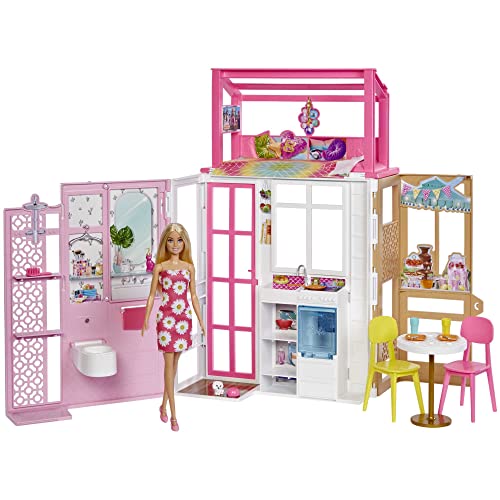 Barbie - Casa di Barbie, Playset con Bambola Barbie e Casa a 2 Piani con 4 Aree Gioco, Arredata, con Cagnolino e Accessori, Giocattolo per Bambini 3+ Anni, HCD48