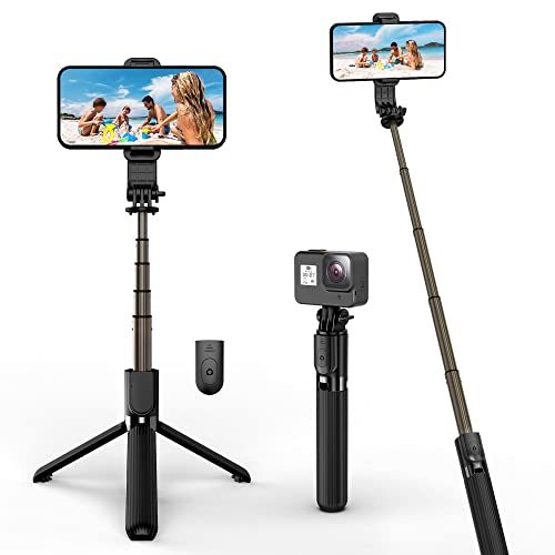 Bastone Selfie Treppiede, Mini 4 in 1 Selfie Stick Estensibile in Alluminio con Telecomando Wireless con Rotazione a 360° per iPhone 13 12 11 Max XS XR X 8, Samsung, Huawei, Gopro ecc