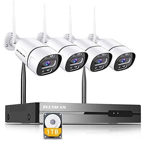 BEENOCAM Kit Telecamere Videosorveglianza con Faretto 8CH 3MP NVR 4PCS 1296P Videosorveglianza Wireless con Funzione di Visione Notturna, Rilevamento del Movimento , 1TB HDD
