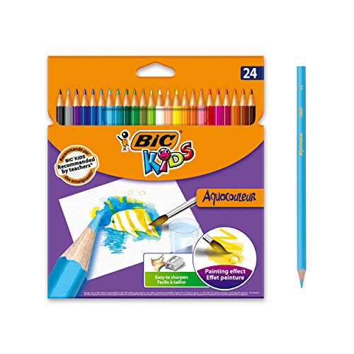 BIC Kids Matite Colorate Acquerellabili, Aquacouleur, Colori Assortiti, Confezione da 24 Matite, Colori per Bambini a Casa e a Scuola