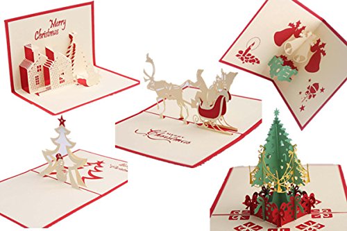 Biglietti per auguri di Natale 3D pop-up, perfetti anche per compleanni, feste, ringraziamenti, anniversari e altro, con albero di Natale, renne, campanelle 5 Pack