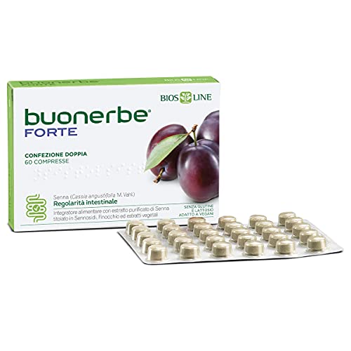 BIOS LINE Buonerbe Forte 60 Compresse, Integratore alimentare con estratto purificato di Senna, Favorisce la regolarità intestinale e risveglia l intestino pigro, Senza glutine e adatto a vegani
